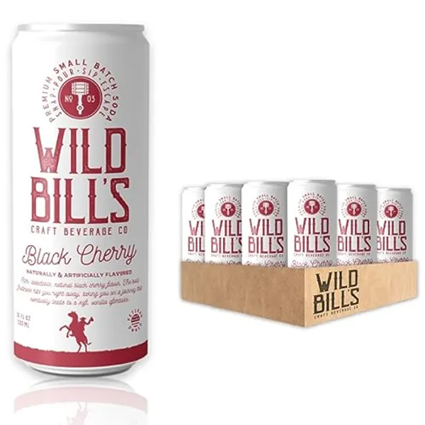 Wild Bill's Black Cherry Soda Classic Craft Soda Pop Soft Drinks, Sodas Made with Pure Cane Sugar, Caffeine Free, NO High Fructose Corn Syrup, Gluten Free, Vegan, Low Sodium, 12 Oz 12 Pack