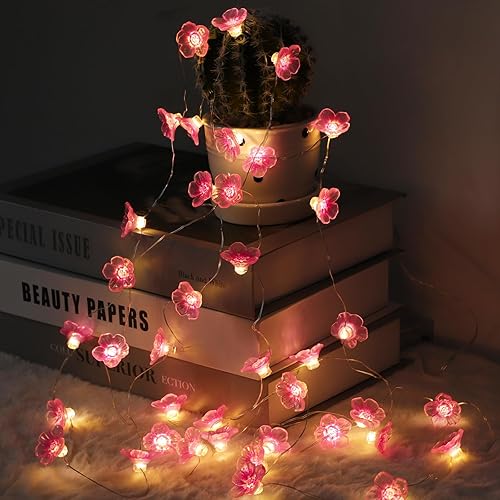 Auting LED Lichterkette Kirschblüten Innen, 4M 40 LEDS lichterkette blumen Girlande Batterie mit Timing-Funktion, Lichterkette rosa mit Blumengirlande für Innen,Hochzeit, Party Deko, 1 Stück - E-Lichterkette blumen 4M