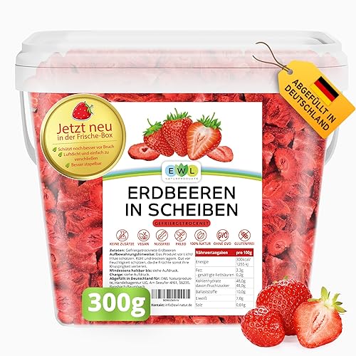 EWL Naturprodukte ERDBEEREN GEFRIERGETROCKNET 300g-leckere, schonend gefriergetrocknete Erdbeeren in Scheiben, frei von Zusatzstoffen -Deutsche Abfüllung- getrocknete Erdbeeren getrocknete Früchte - 300 g (1er Pack)