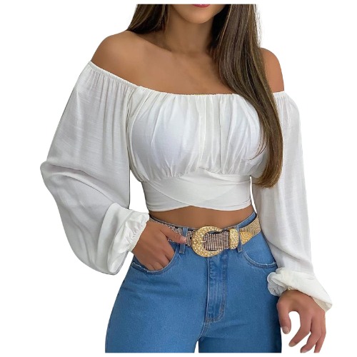 AMhomely Woman's Strapless Long Sleeve Print Off Shoulder Ruched Lantern Sleeve Crop Tops Vintage Work Shirt UK Size