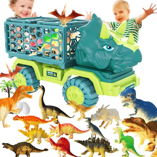 POPOYU 18 in 1 Dinosaur Truck Toys for Boys,Large Triceratops Transport Car Carrier Truck with 12 Dino Figures,Dinosaur Eggs and Trees,Capture Dinosaur Playset for Boys Kids 3-5 Years Old