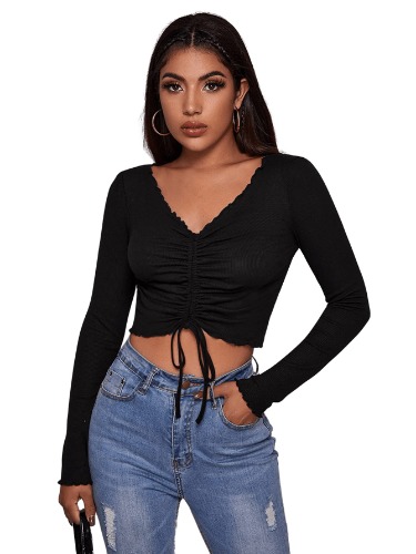 SheIn Women's Ruched Long Sleeve Crop Top Drawstring V Neck Tee Top