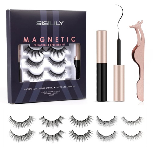 SISILILY Magnetic Eyelashes and Eyeliner Kit 5 Pairs Reusable 3D Magnetic Lashes Natural Look Waterproof Eyeliner False Eyelashes for Makeup Eyelash Extension No Glue Need