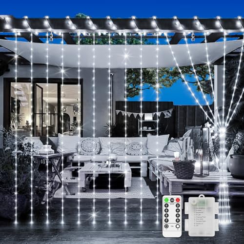 Curtain Fairy Lights 200 LED 2mx2m Battery Operated String Lights Remote Timer 8 Modes Waterproof Christmas Lights for Bedroom Wall Window Wedding Patio Xmas Indoor Outdoor Decoration-cool white - 200 led - Cool White