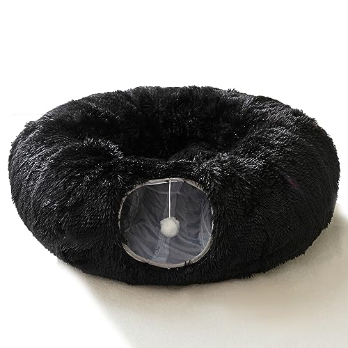 HIPIPET Winter Plush Cat Tunnel with Cat Bed for Indoor Cats,Multifunctional Cat Toys for Small Medium Large Cat. (Black) - Black