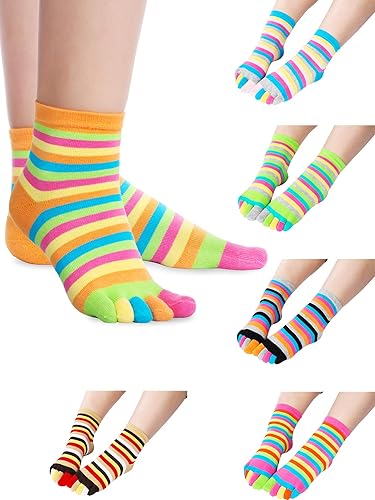 6 Pairs Full Finger Toe Socks Cotton Socks Toe Separated Socks Rainbow Stripe Socks for Women