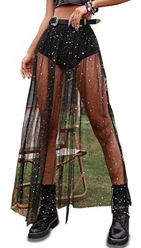 Rave Outfits for Women 2 in 1 Sheer Skirt Festival Clubwear Mesh High Waist Print A Line Maxi Skirt - Large - Black2# Star