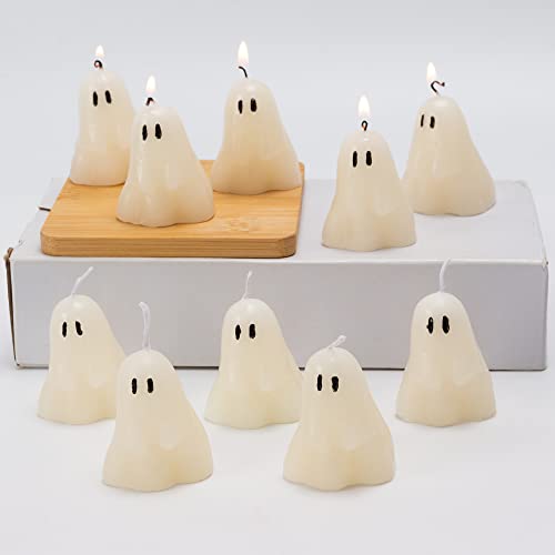 10 Pieces Ghost Candles, Halloween Decoration Candles, White Soy Wax Horror Spooky Tea Lights Candles Set Goth Gifts for Ghost Decor Fall Decor Halloween Party Home Bedroom Room Table Decorations - 10 Pcs Small Ghost Candles