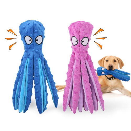 HGB Squeaky Dog Toys, Octopus No Stuffing Crinkle Plush Dog Chew Toys for Puppy Teething, Pet Training and Entertaining, Durable Interactive Dog Toys for Puppies, Small, Medium, and Large Dogs, 2 Pack - Octopus Purple+Blue