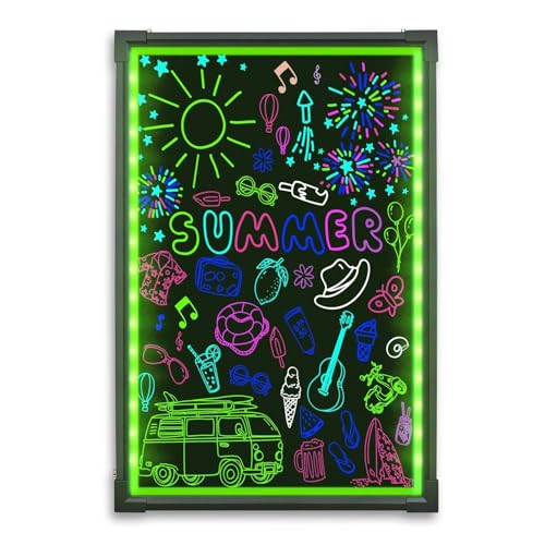 Hosim LED Message Writing Board, 24" x 16" Illuminated Erasable Neon Effect Restaurant Menu Sign with 8 Colors Markers, 7 Colors Flashing Mode DIY Message Chalkboard for Kitchen Wedding Promotions - Green+red
