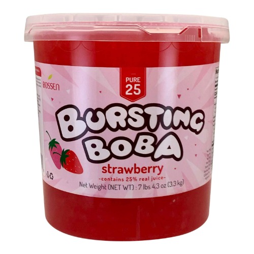 Bossen Bursting Boba, Strawberry Flavor Popping Boba Tea Pearls with 25% Real Fruit Juice, 7.26 Pound Tub, [Pack of 1] - Strawberry