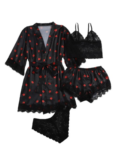 WDIRARA Women' Silk Satin Pajamas Set 4pcs Lingerie Floral Lace Cami Sleepwear with Robe - X-Large Black Red Lip