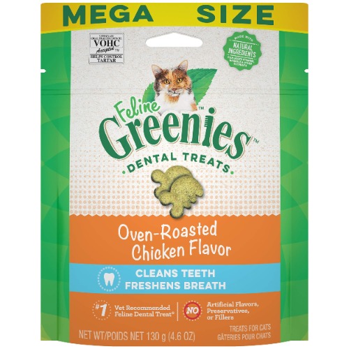FELINE GREENIES Adult Natural Dental Care Cat Treats, Oven Roasted Chicken Flavor, 4.6 oz. Pouch - 4.6 Ounce (Pack of 1)
