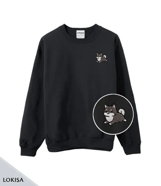 Chubby Tubby Black Shiba Inu Embroidered Sweater Sweatshirt
