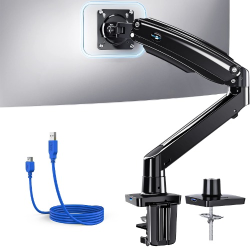 Single Monitor Arm, Gas Spring Monitor Mount Stand, Ultrawide Vesa Mount with Clamp and Grommet Base for 13 to 35 LCD Computer Screen, Upgraded Desk Arm with USB, Arm Holds 4.4 to 26.4 lbs - 