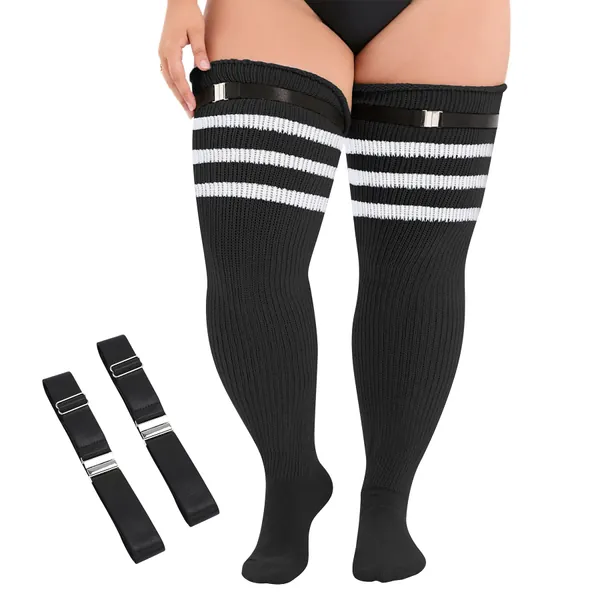 Zando Womens Plus Size Thigh High Socks Over Knee Thick Socks Extra Long Leg Warmers Chunky Knit Thigh High Stockings - One Size Black & White Stripes