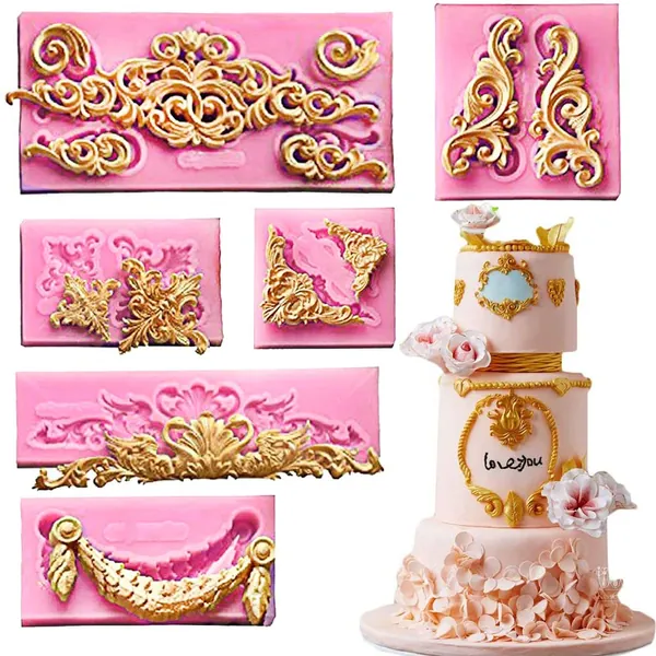(Set Of 6)Baroque Fondant Molds for Cake Decorating Curlicues Scroll Lace Border Candy Silicone Mold for Sugarcraft, Cupcake Topper