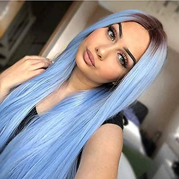 Blue Ombre Wig Long Straight Colored Wigs for Women Light Blue Wig Long Middle Part Wig Synthetic Pastel Blue Heat Resistant Fiber Full Wigs with Breathable Wig Cap Perfect for Daily Party Cosplay 26inch