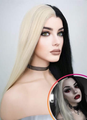 Straight Light Blonde Black Split Color Lace Front Synthetic Wig LW1531 | Light Blonde Black Split Color