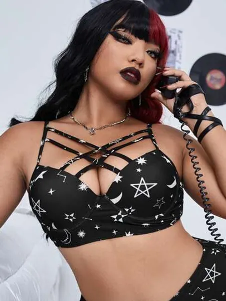 Star & Moon Print Crisscross Bikini Top