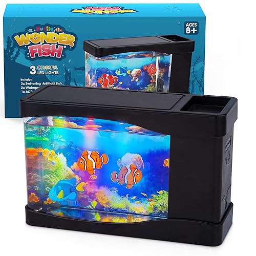 Artificial Fish Tank Virtual Ocean Toy in Motion Lamp - Mini Office Desk Aquarium 3 Colorful LED Lights, Colorful Aquarium Backgrounds - 3 Artificial Fish, Bubbles Tank with Moving Fish, Gift for Kids
