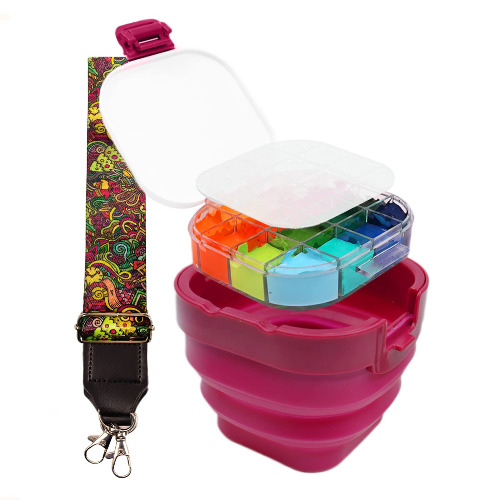 Paint Palette Box 16 Wells, Paint Storage Palette Box with Brush Holders and Paint Basin, Foldable Paint Brush Cleaner Bucket, for Watercolor, Gouache, Acrylic, Oil Paint (Red) - Red