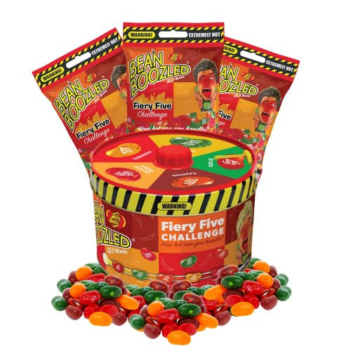 Ultimate Spicy Jelly Bean Challenge and Spinner Tin, Five Extremely Hot Chewy Candies with 3 Refill Candy Bags, 4 Pc Set