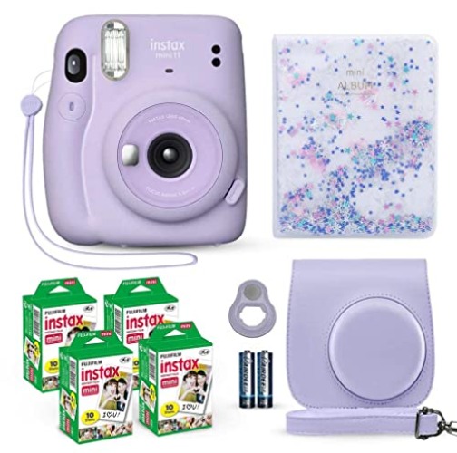 Fujifilm Instax Mini 11 Instant Camera Lilac Purple + Fuji Film Value Pack (40 Sheets) + Shutter Accessories Bundle, Incl. Compatible Carrying Case, Quicksand Beads Photo Album 64 Pockets - Lilac Purple