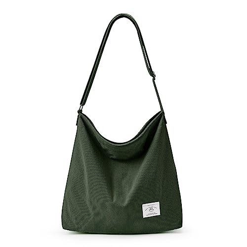 KALIDI Corduroy Tote Bag for Women Casual Zipper Tote Handbag Large Crossbody Hobo Shoulder Bag Work Fashion Women Purse - Army Green