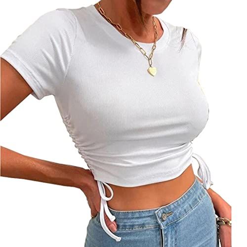 Summer Womens T Shirt, Ladies Crop Top Ribbed Short Sleeve Shirts, Round Neck Crop Top, Slim Fit - Small - White