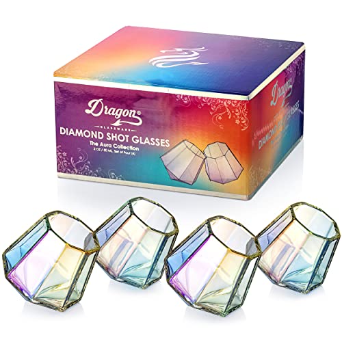 Dragon Glassware Shot Glasses, Iridescent Diamond Shaped Glass Set, Cute and Unique Barware, Naturally Aerates, Dishwasher Safe, 2 oz Capacity, Set of 4 - 4 Count (Pack of 1) - Iridescent