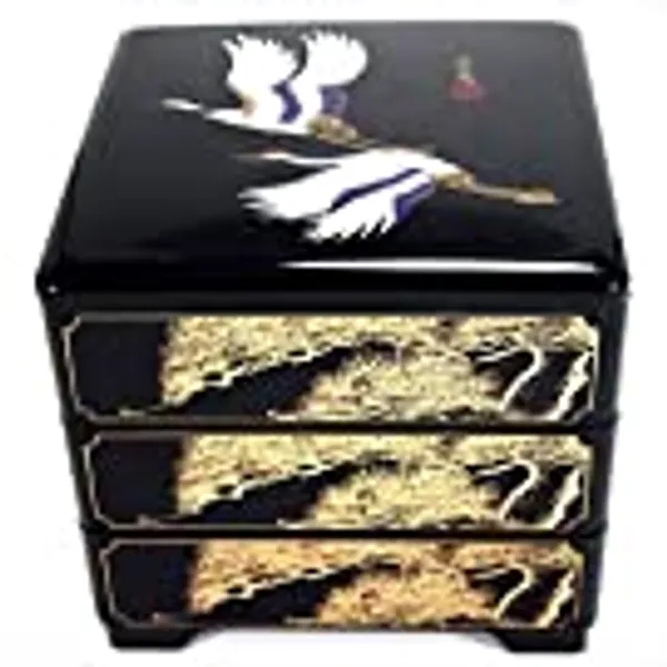 JapanBargain 4119, Jubako Box Japanese Traditional 3 Tiers Stack Box Food Candy Snack Container Bento Box Made in Japan, Plastic Lacquered, Black Crane