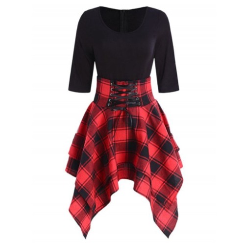 The Tartan Corset Dress | Red/Mid-Sleeve / L