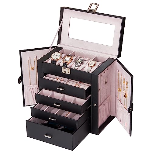 FEIYAN Organize Your Jewelry in Style 5-Layer Leather jewelry box - Large Capacity, Flexible Partitions, and Elegant Design - 2425-Black