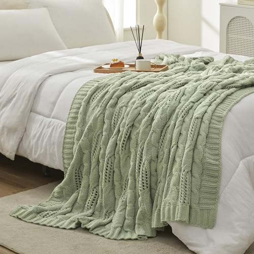 Amélie Home Cable Knitted Throw Blanket for Couch, Chenille Chunky Knit Throw Blanket, Decorative Farmhouse Soft and Cozy Throw Blanket for Sofa Chair Bed, Sage Green,60 x 80 - Sage Green - 60" x 80"