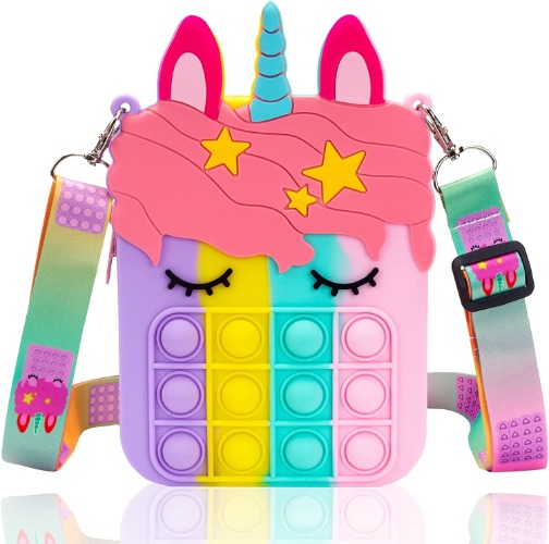 Pop Push It Bag Girls, Fidget Toys Poppet Bag Large, Unicorn Poppet Plopper Handbag, Anti-Stress Toy Shoulder Bag for Children (Large Unicorn) - Large unicorn macaroon