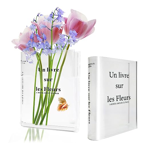 Fewlew Book Vase Acrylic, Clear Book Vase for Flowers, Transparent Book Flower Vase for Living Room, Bedroom Kitchen, Office - Black