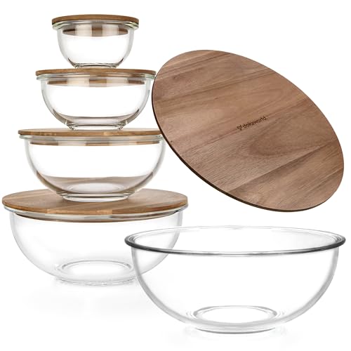 dokaworld Glass Mixing Bowls - Nesting Bowls - Cute Collapsible Glass Bowls With Acacia Lids Food Storage - 5 Stackable Microwave Safe Glass Containers - Salad Mixing Bowls - Baking Bowls For Kitchen - Set of 5 Mixing Bowls with Acacia Lids