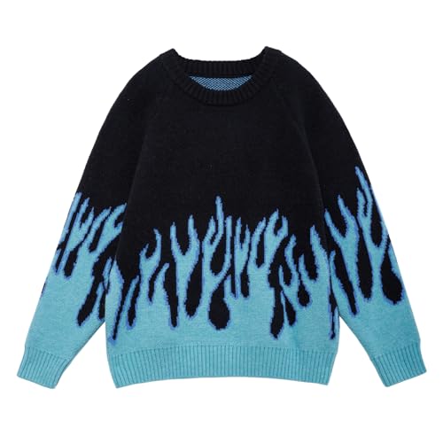 Aelfric Eden Men Oversized Sweater Flame Sweater Color Patchwork Sweater Casual Knit Sweater - Black - Medium