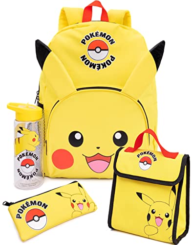 Pokemon Pikachu Backpack Set 4 Piece Lunch Box Water Bottle Pencil Case Set Yellow