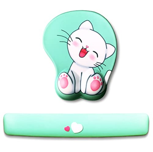 Cute Pink Keyboard Wrist Rest and Mouse Support pad Set, Anime Kawaii Desk Accessories, 3D with Ergonomic Gel pad, Easy Typing, Gaming(cat-Green), 10.23'' * 8.46'' - Green