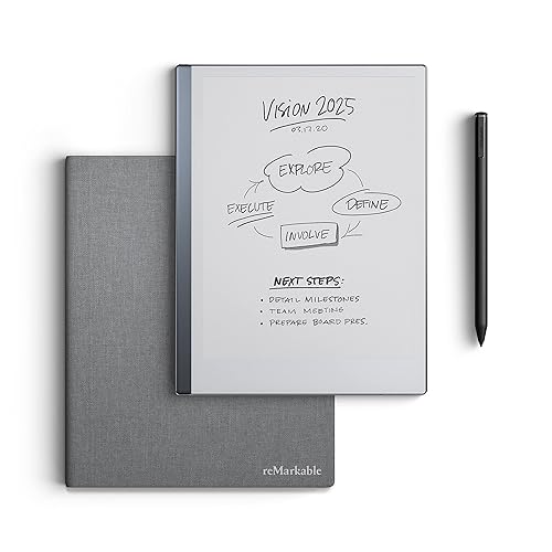 Remarkable Essentials Bundle – Gray | Remarkable 2 Paper Tablet | Includes 10.3” Remarkable Tablet, Marker Plus Pen with Eraser, Book Folio Cover in Gray Weave, and 1-Year Free Connect Trial - Standard