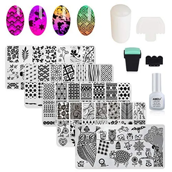 AIMEILI Nail Art Stamping Templates Manicure Tool Kit, 5pcs Nail Stamping Plates, 2 Stamper, 2 Scraper, 1 Latex Peel Off Tape