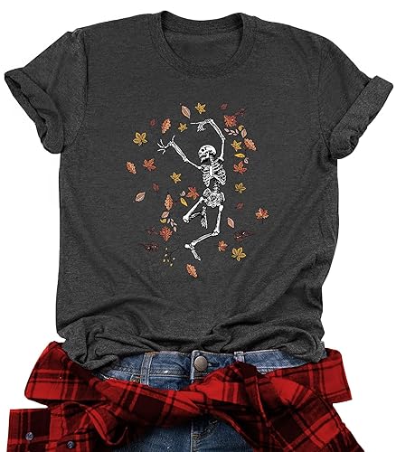 CONTEKK Halloween Skeleton Shirt for Women Skeleton Leaves Graphic Shirt Fall Shirt Casual Blouse Tee Shirt - Grey2 - X-Large