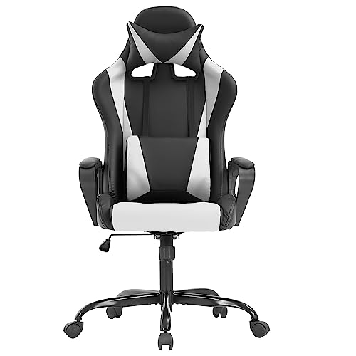 Racing Office Chair, High-Back PU Leather Gaming Chair Reclining Computer Desk Chair Ergonomic Executive Swivel Rolling Chair with Adjustable Arms Lumbar Support for Women, Men (White) - White