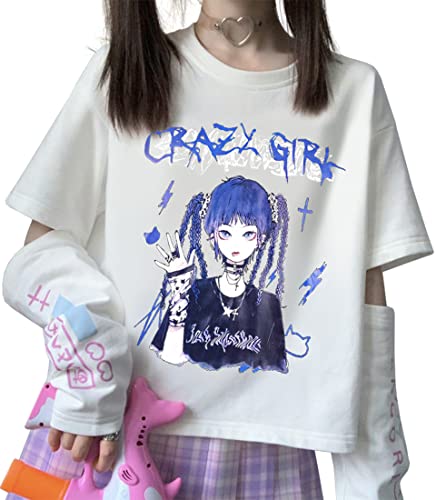 YINGKE Damen Anime Manga Sweatshirt Kawaii Mädchen Gótica Y2K E-Girl Japanischen Harajuku T-Shirt - M - Weiß Mädchen
