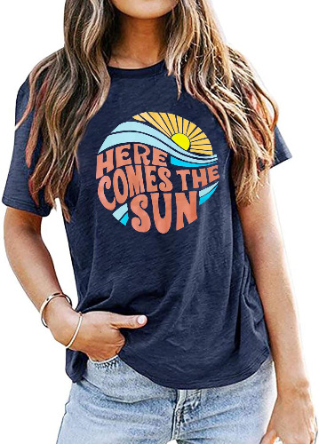 Here Come The Sun Shirt Women Summer Sunshine Print Beach Tops Vintage Vacation Short Sleeve T Shirt - Large - Blue