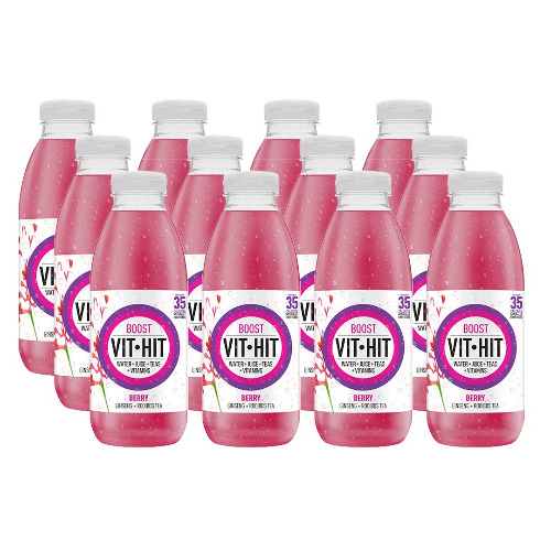 VIT HIT BOOST 500ml bottle x12 Berry, Rooibos Tea & Ginseng vitamin drink. Replace sugary soft drinks & energy drinks with nutrient rich VIT HIT range of water, juice, tea and vitamins. No caffeine!