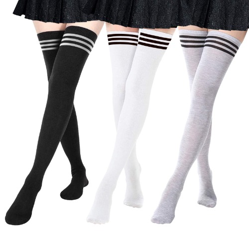 DRESHOW 3 Paar Dames Extra lang Casue Dames Kniekousen Overkniekousen Lange Gestreepte Sokken Thigh High Sokken Sportsokken