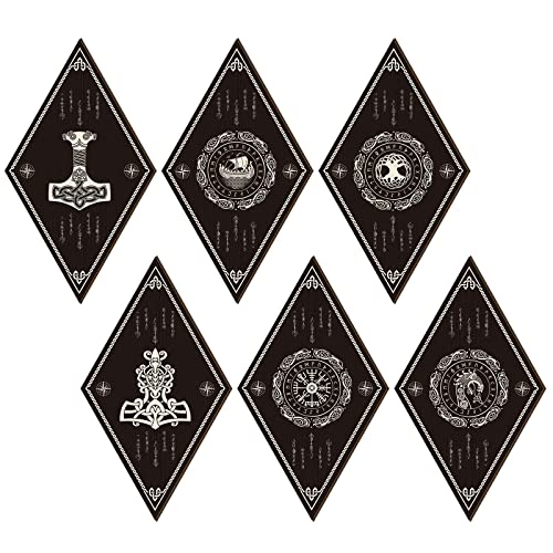 6 Pieces Nordic Vikings Wood Sign Celtic Drakkar Rune Wall Decor Scandinavian Vikings Boat Hanging Wooden Signs Mediaeval Wall Plaque for Home Kitchen Mythology Vegvisir Runes Artwork Pagan Art,